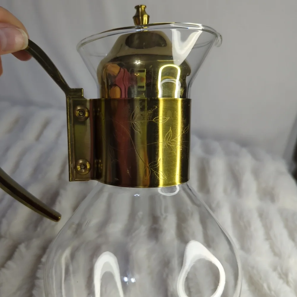 Vintage Brass & Glass Water Wine Pitcher Carafe With Ornate Handle Etched Floral